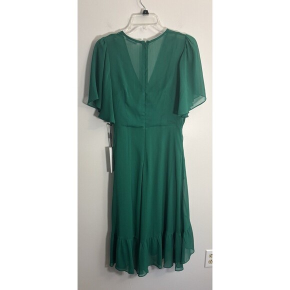 CALVIN KLEIN Kelly Green Ruffle Wrap Dress Women 4 Flutter Sleeve Midi Chiffon - Picture 3 of 16